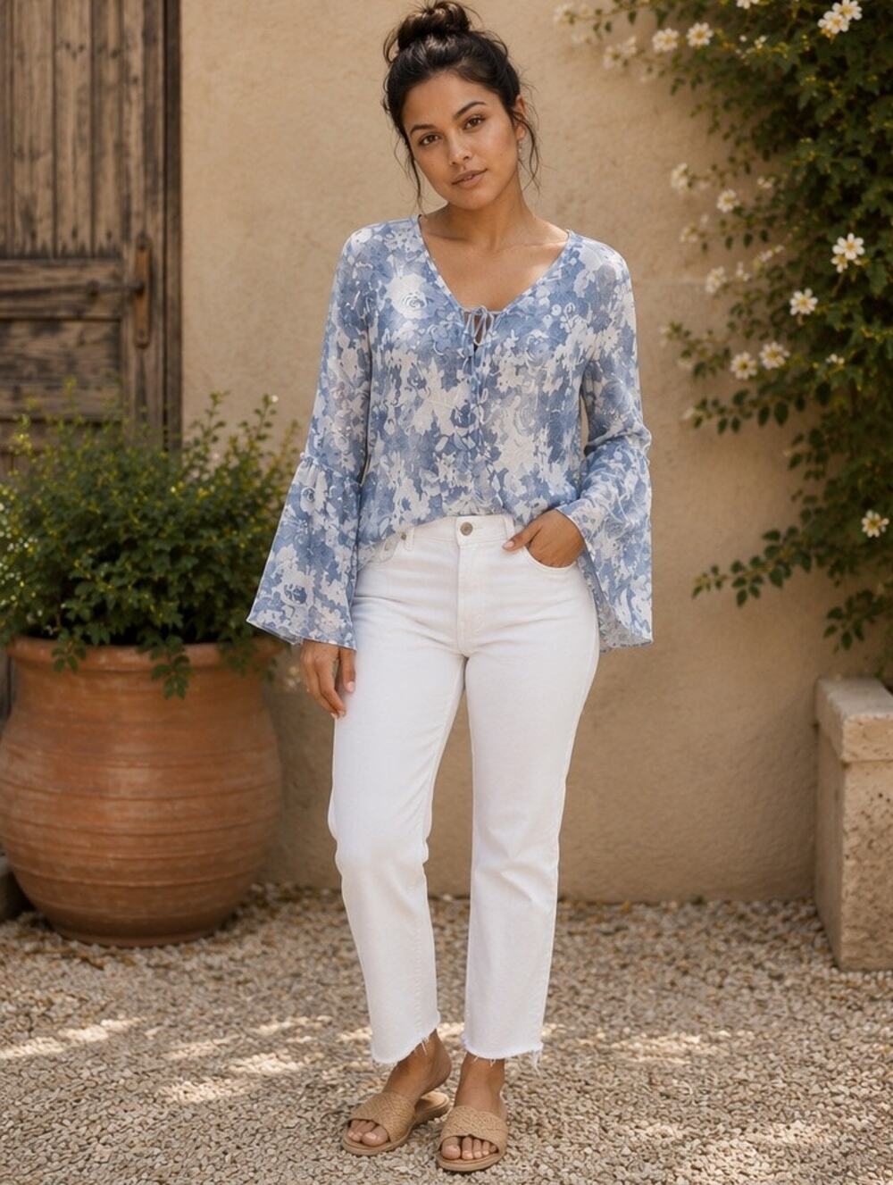 Blue B Blue Floral Sheer Faux Wrap Blouse L NWT Bell Sleeve Boho Romantic Top